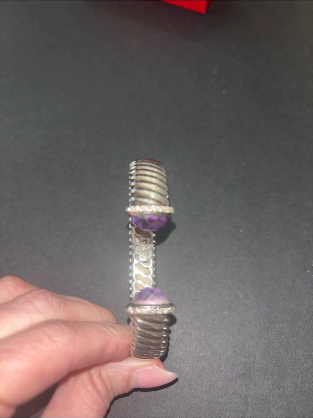 Sterling Silver Twisted Cuff Bracelet with Purple Gemstone and diamond Ends